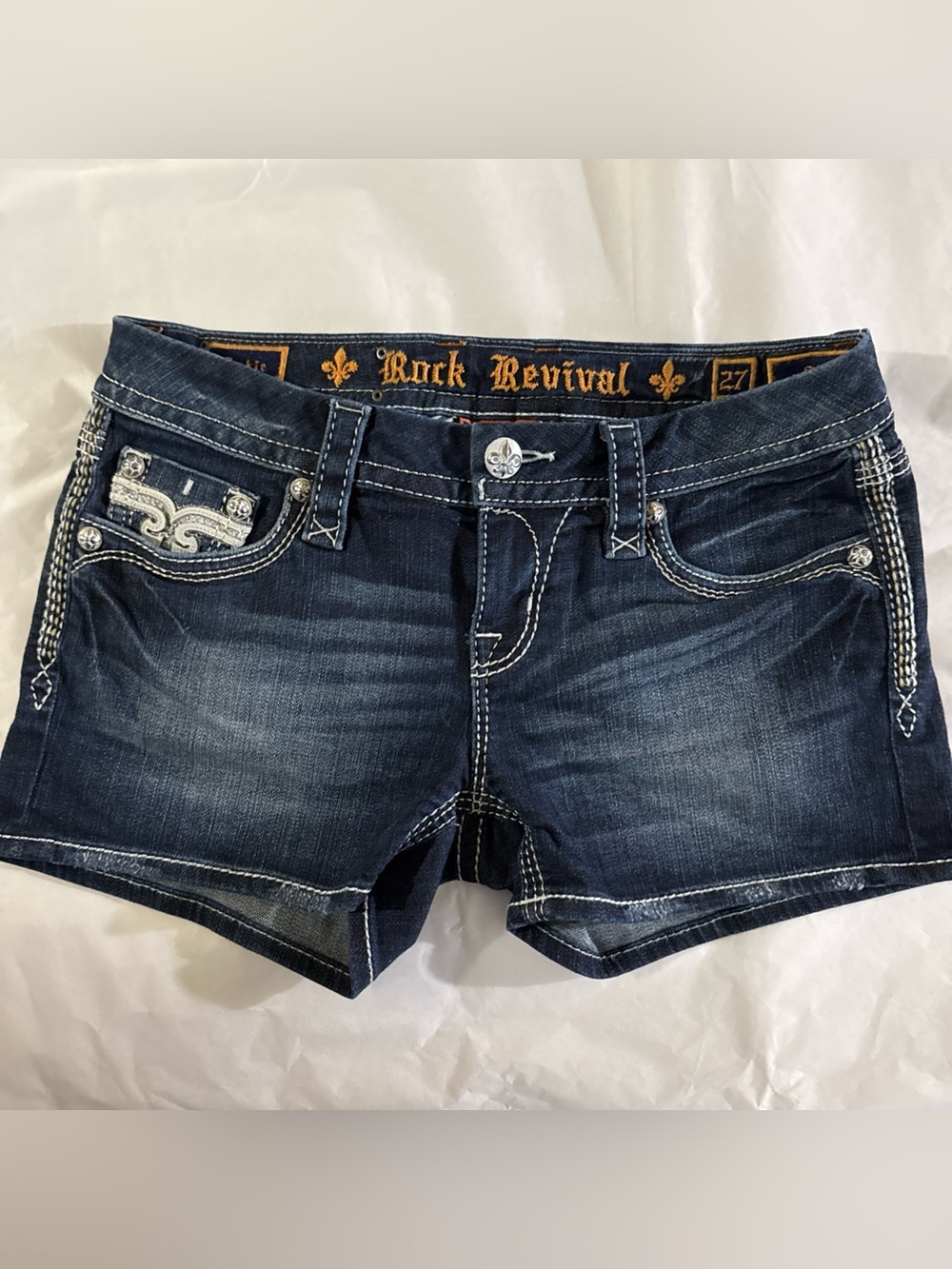 Rock Revival nwot Sukie Dark Blue Embellished Denim Jean Shorts leather inserts